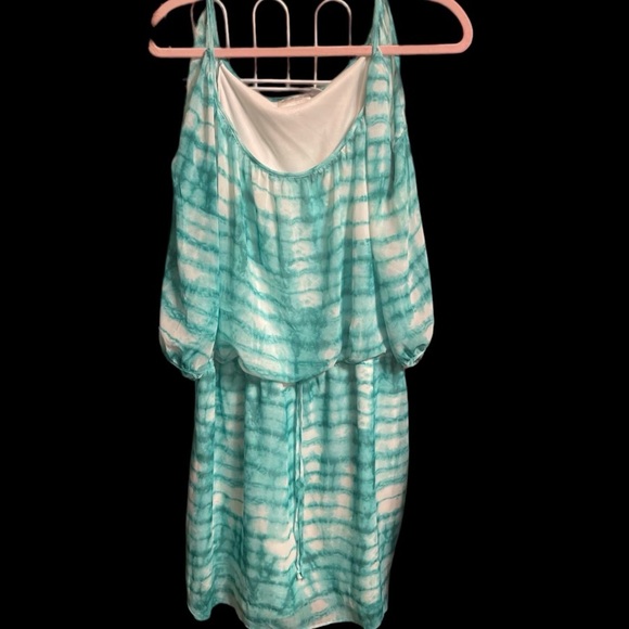 Bisou Bisou Cold Shoulder Teal Tie-Dye Dress - Picture 1 of 2